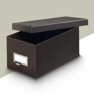 black cardboard storage boxes