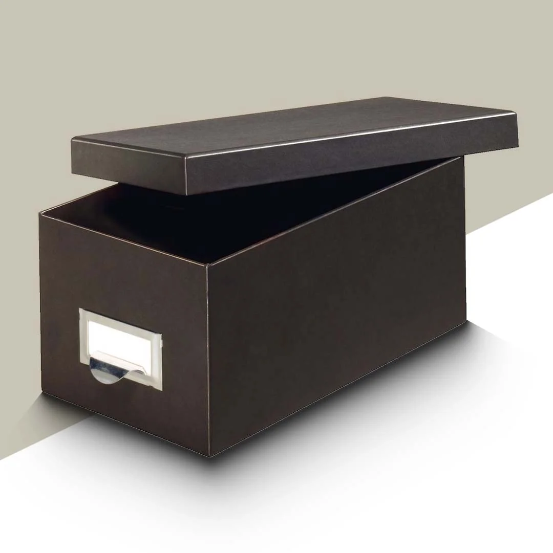 black cardboard storage boxes