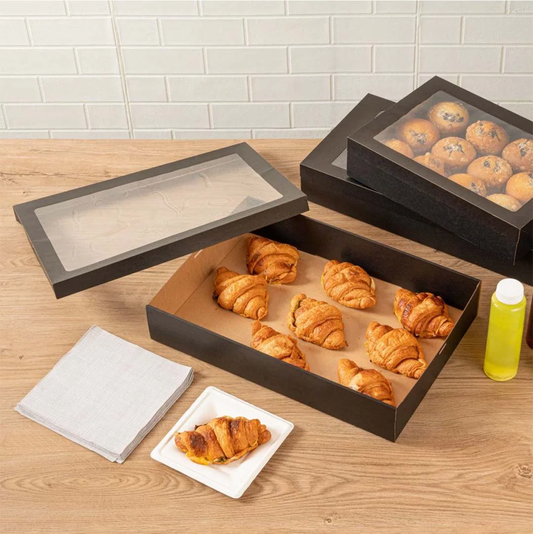 black cardboard food boxes with lids